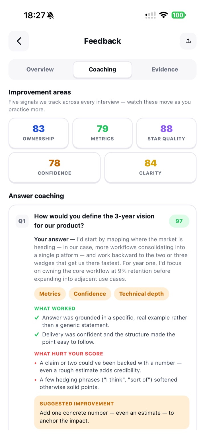 Real-time coaching screen with rewritten answer