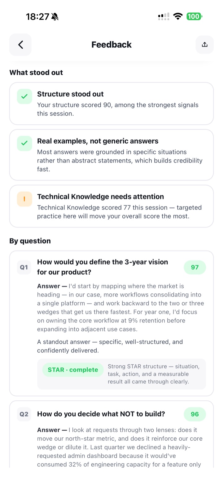 Interview replay screen with transcript and scores