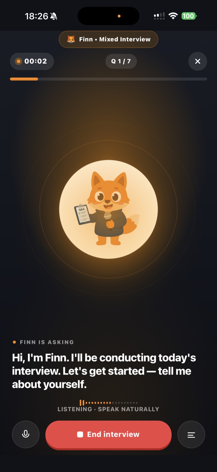 Fynn AI interview screen — practice in progress with Finn