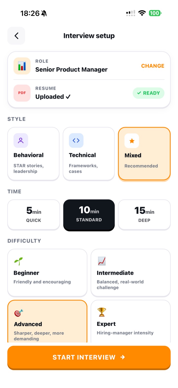 Interview setup screen — choose role, style, and difficulty