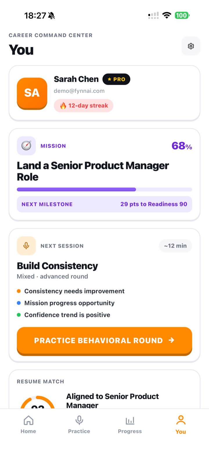 Profile screen with target role and career preferences